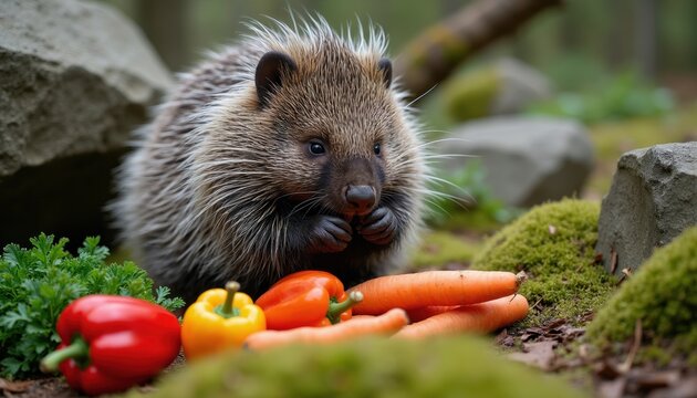 North American porcupine eats fresh vegetables including carrots and bell peppers in a forest setting. Rocks and moss surround the wild animal during its meal in nature.