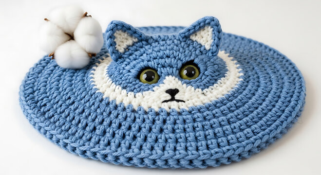 Handmade Blue Knitted Cat Face Beret Hat with Cotton Flower Accent Isolated on White Background