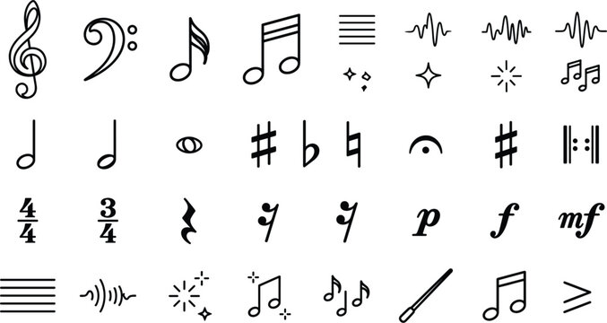 Music notes and sound wave line art icon set featuring treble clef bass clef notation elements vector illustration