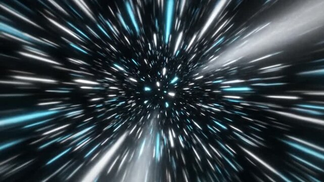 Abstract light streaks and glowing particles zoom through the void of space, representing speed and cosmic travel, creating a stunning visual effect