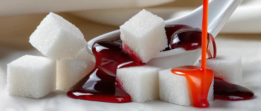 Sweet cubes of sugar on a spoon with red syrup poured over them at a table setting in a kitchen