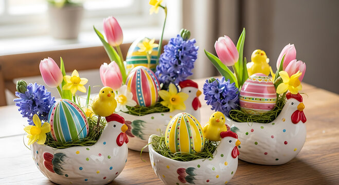 Easter Table Centerpiece with Hand Painted Eggs, Spring Flowers, and Ceramic Hen Planters
