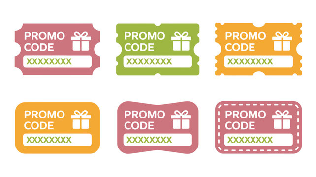 Set of six colorful promo code badges with gift box icons for marketing materials