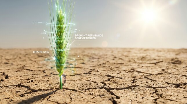  Conceptual image of genetically modified wheat growing in dry cracked earth. Futuristic HUD interface showing CRISPR-Cas9 and drought resistance gene optimization. Agrotech and climate change concept