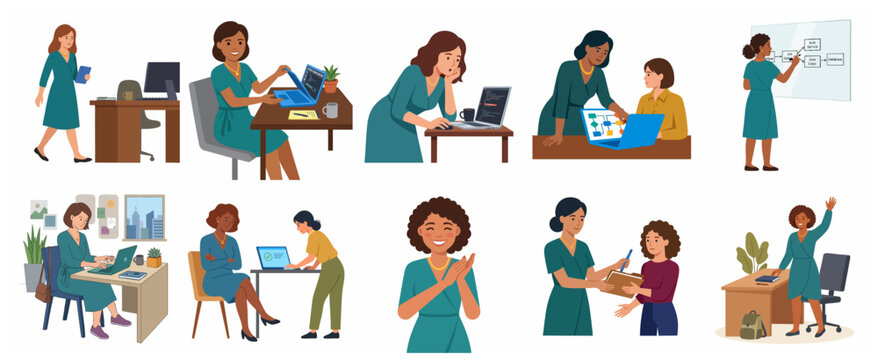 Diverse Women Software Developers and Engineers Working in Modern Office Environment Flat Vector Illustration Set