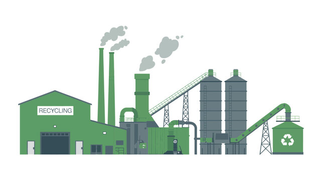Modern recycling factory with processing equipment and storage silos