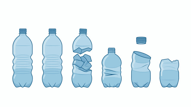 Plastic water bottle recycling process illustration with flat cap