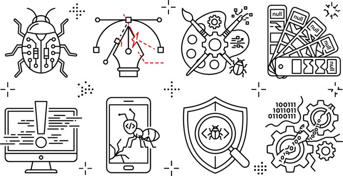 Software bug and system error icon set vector line art minimal style cyber security malware data glitch elements