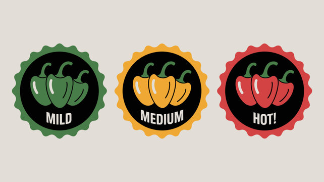 Spicy pepper heat level badges with mild medium and hot labels in vector style