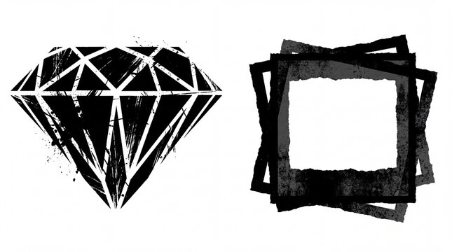 Distressed black diamond graphic symbol alongside a square frame element isolated on white background