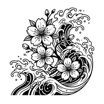 Cherry blossom wave tattoo art illustration