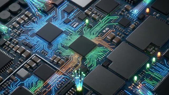 起動して光るスマートフォンの内部基板と電子回路のシームレスループアニメーション