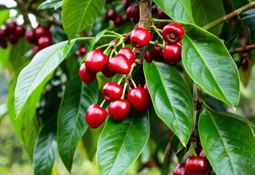 Clusters of Fresh Red Bignay Fruits Ripening on Tree Branch