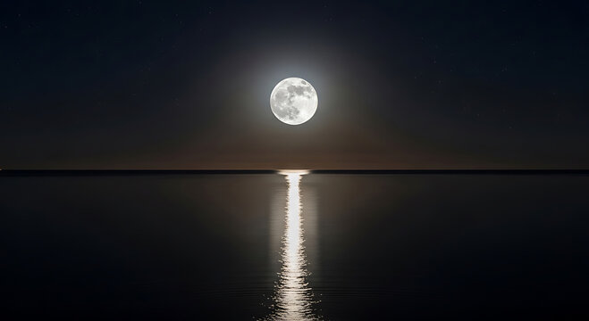 Dramatic Full Moon Shining Over Calm Ocean Waves at Night Sky
