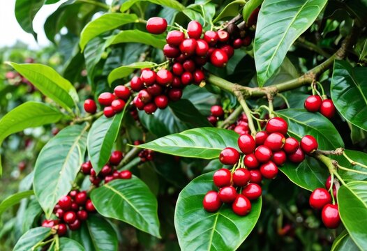 Clusters of Fresh Red Bignay Fruits Ripening on Tree Branch