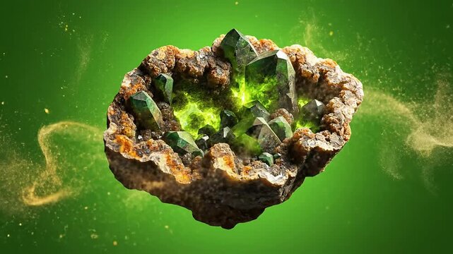 Vibrant Green Mineral Crystal Cluster on Solid Green Background with Sparkling Particles Enhancing Natural Texture and Detail, Ideal for Luxury and Nature Themes