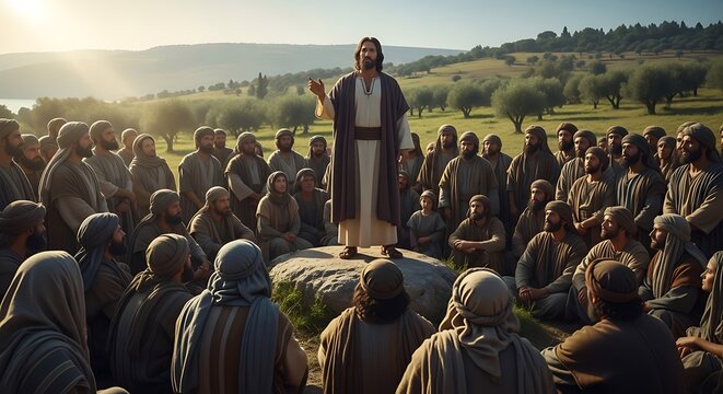 Jesus standing on a rock preaching to a large crowd of people in a field
