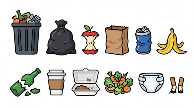 Various icons of household waste items and trash collection displayed in a row on white background