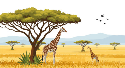Fototapeta premium African Safari Landscape Vector Illustration Featuring Giraffes Standing Near An Acacia Tree In The Grassland Savanna Environment 47