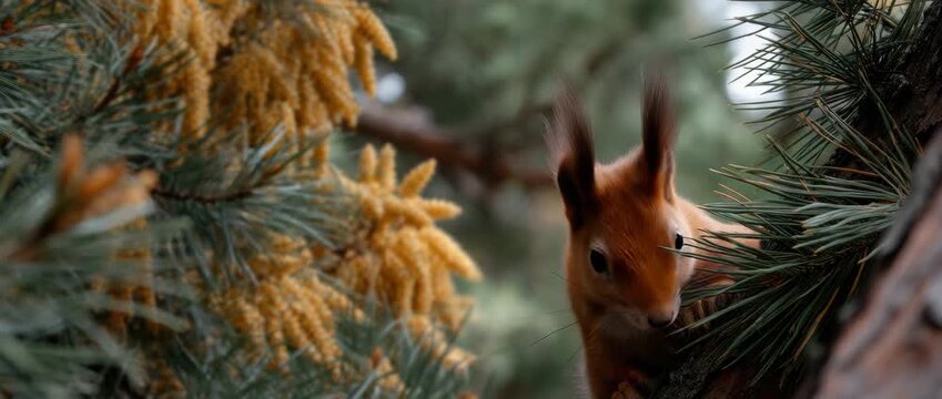 Squirrel sitting on a branch looking at the camera in a forest during the day with trees and yellow flowers