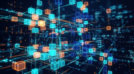 Fototapeta premium Abstract digital network of glowing cubes and lines on a dark background