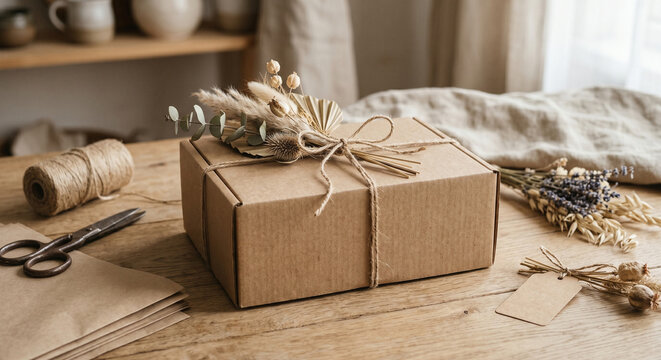 Kraft package tied with twine beside scissors and paper as kraft package detail for small business packaging preparation