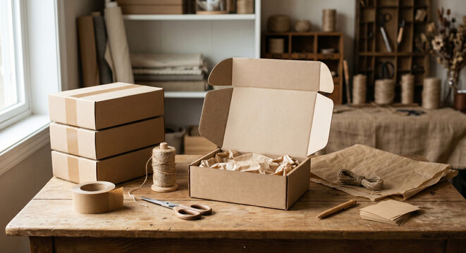 Packing table with open box paper filler tape and twine as packing table detail for ecommerce packaging and order shipping