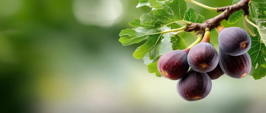 Fresh figs hang from a branch in a garden during late summer as sunlight filters through the leaves and creates a soft background