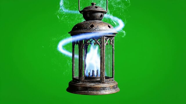 Vintage Lantern Emitting Blue Flame And Electric Sparks Isolated On Green Background For VFX With Stunning Lighting Effects Suitable For Creative Motion Graphics