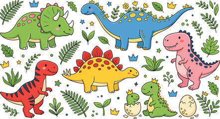 Cute Dinosaur Vector Illustration Set with Colorful Cartoon Characters Tropical Leaves and Crowns for Kids Birthday Nursery Patterns and Creative Projects © Ismail