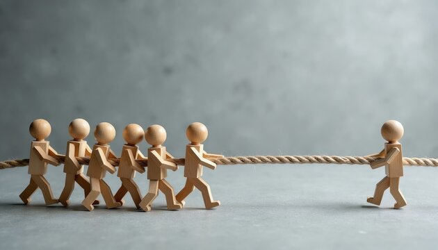 Six wooden figures pull rope against one figure. Group effort unity strength, teamwork wins over individual. Concept win competition strategy, together achieve goal. Business success challenge.