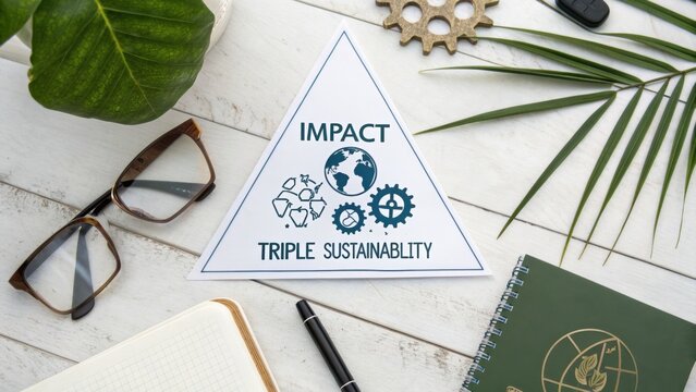 Impact Triangle Emphasizing Triple Sustainability with Symbols of Environment, Economy, and Society on a Wooden Desk Background