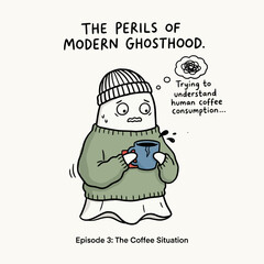 Stressed ghost holding coffee cup vector illustration.
