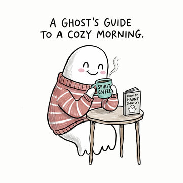 Cozy morning ghost guide sitting at table drinking spirit coffee and reading haunt book.