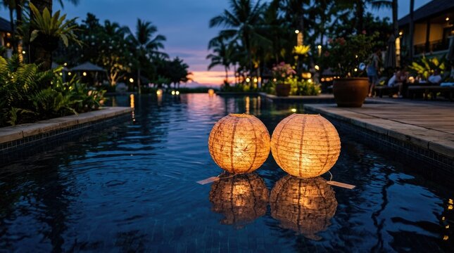 Serene mid autumn festival day celebration floating lanterns reflecting in a luxury resort swimming pool at dusk