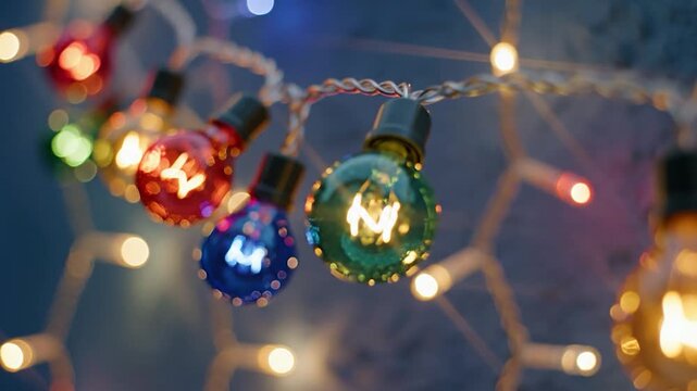 Colorful string lights with glowing glass bulbs on a soft bokeh background