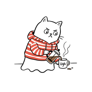Angry cat ghost character pouring coffee into a mug labeled ugh.