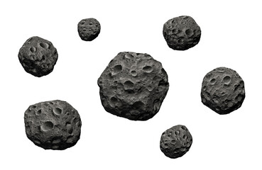 Asteroids or meteorites on white background. Swarm of asteroids or space debris. Stones, rocks floating in the air isolated on white background.  © revers_jr