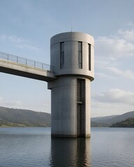 Obraz premium Modern architectural concrete intake tower rising from calm reservoir surface clean functional design scenic view