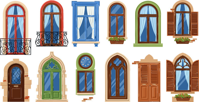 Set of Various Decorative Windows and Doors with Curtains, Shutters, and Balconies for Home Architecture and Interior Design Graphics