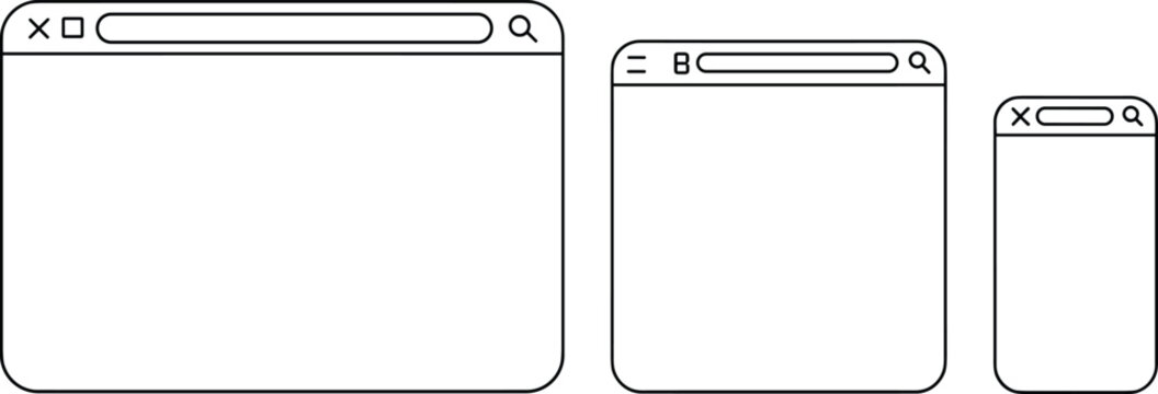 Responsive web browser mockup outline icons, desktop, tablet, and phone screen window frames for layout design, presentation, ui, and UX development