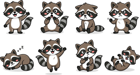 Cute Kawaii Raccoon Character Vector Set with Different Emotions Showing Happy Sad Angry Sleeping Surprised and Thinking Poses for Emoji Mascot Designs © Ismail