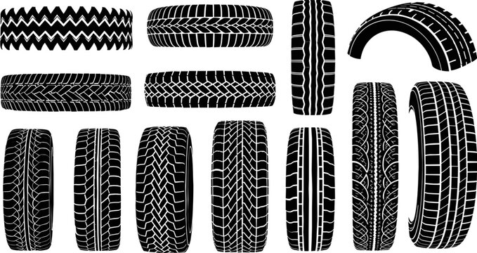 Set of Various Tire Patterns and Wheel Tracks Featuring Different Tread Designs for Automotive, Off-Road Vehicles, and Tire Industry Graphics