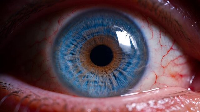 Stunning macro view of a persons blue eye, showing pupil and iris.
