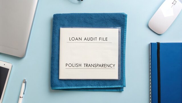 Document organization on a blue desk with a loan audit file, transparency sheets, and modern office tools for efficient workspace management
