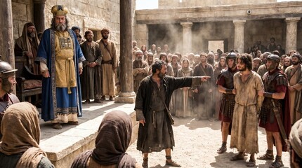 Fototapeta premium Jewish High Priest presides over a trial as an accuser points at an apostle held by Roman soldiers in a sunlit stone courtyard in a scene from the New Testament Book of Acts.