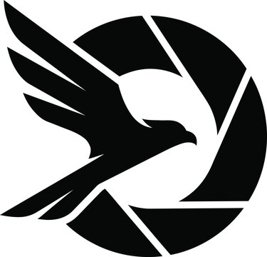 Stylized eagle bird silhouette integrated with camera aperture logo design.