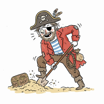 Cartoon illustration of a bearded pirate digging for gold treasure with a shovel on a beach.
