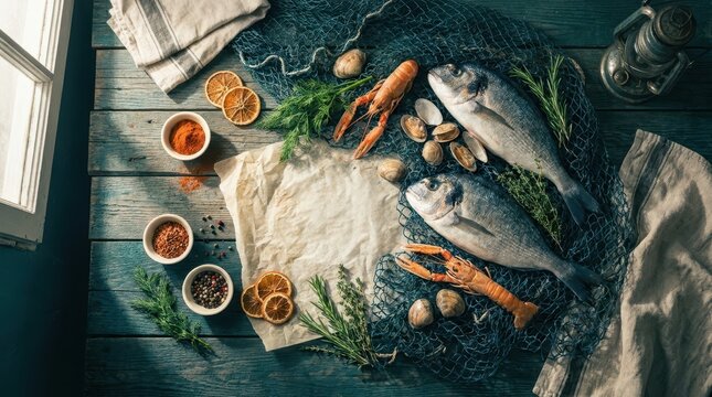Fresh seafood and spices arranged on a rustic wooden table by the window