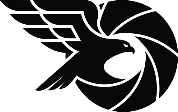 Silhouette illustration of eagle soaring over stylized camera lens shutter.